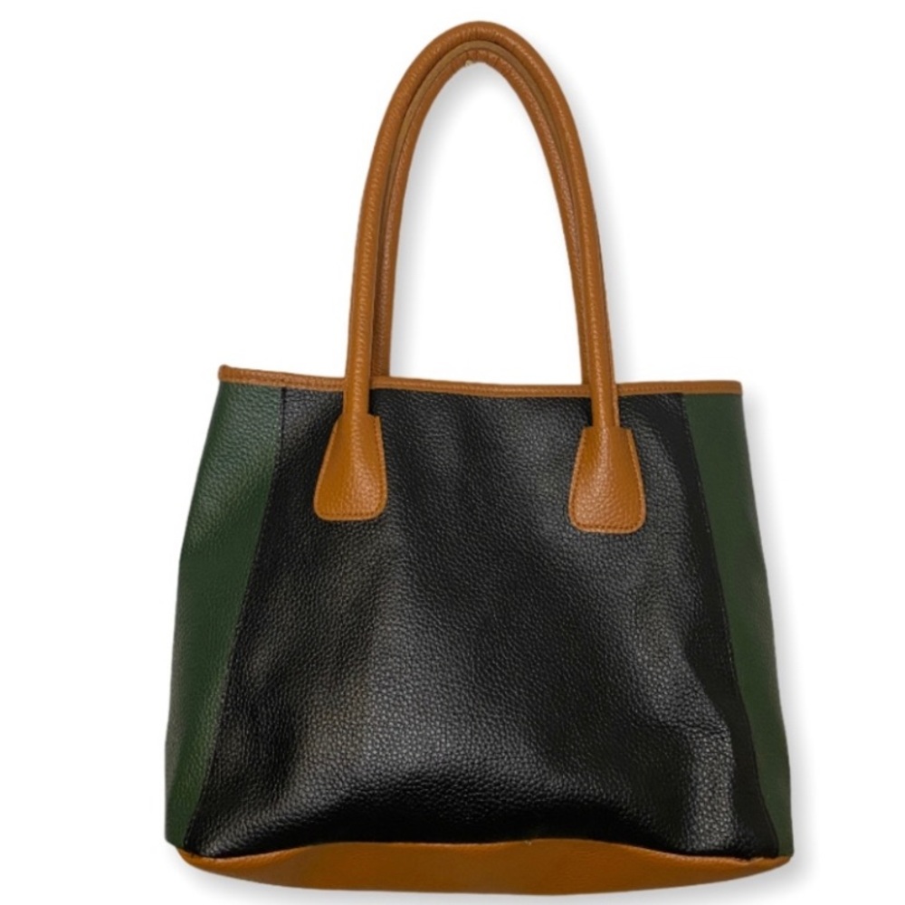 Neiman Marcus Tote Bag Pebbled Purse Green & black color block two toned